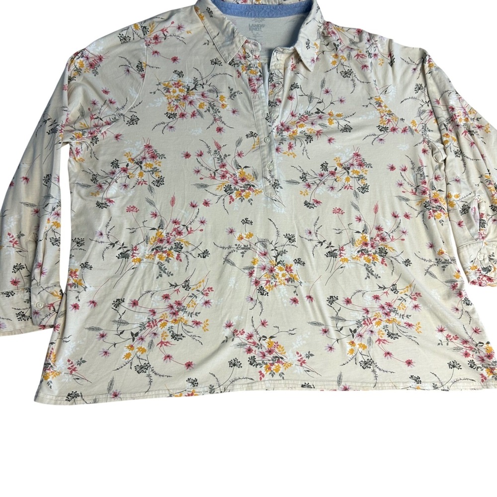 Lands End Womens Tunic Top 3X Cream Floral Cotton Modal Long Sleeve Button